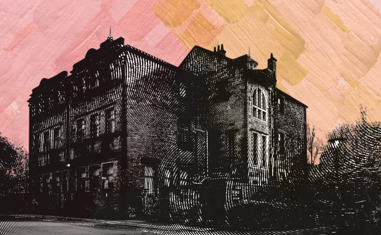 A large sandstone former public school building. It's an illustration with black line highlights and a brush strokes colouring in the sky behind it.